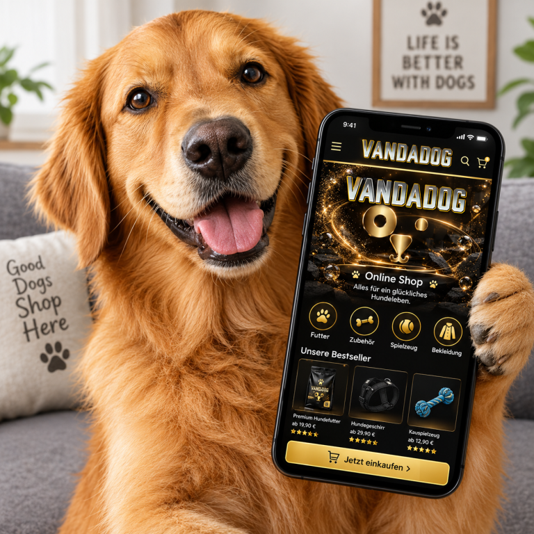 online shop Hund steht vor einem Computerbildschirm mit der Aufschrift "ONLINE SHOP".