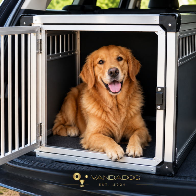 Boxen, Transport Robuste Hundebox mit zwei separaten Fächern und stabilen Gittertüren.